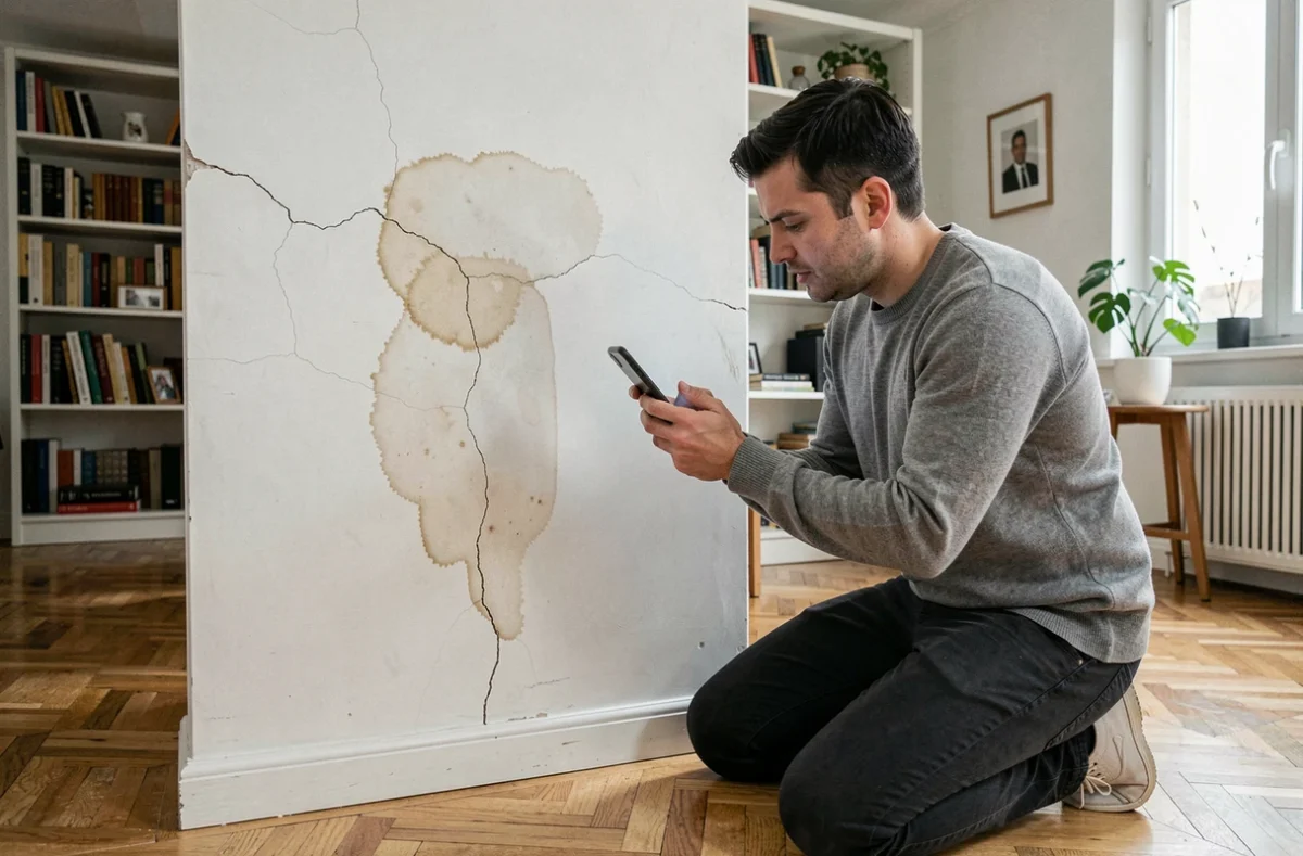 Homme constatant un dégât des eaux dans son appartement pour une déclaration de sinistre