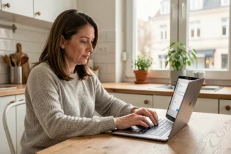 Femme remplissant une demande de devis assurance habitation en ligne sur un ordinateur portable dans une cuisine moderne