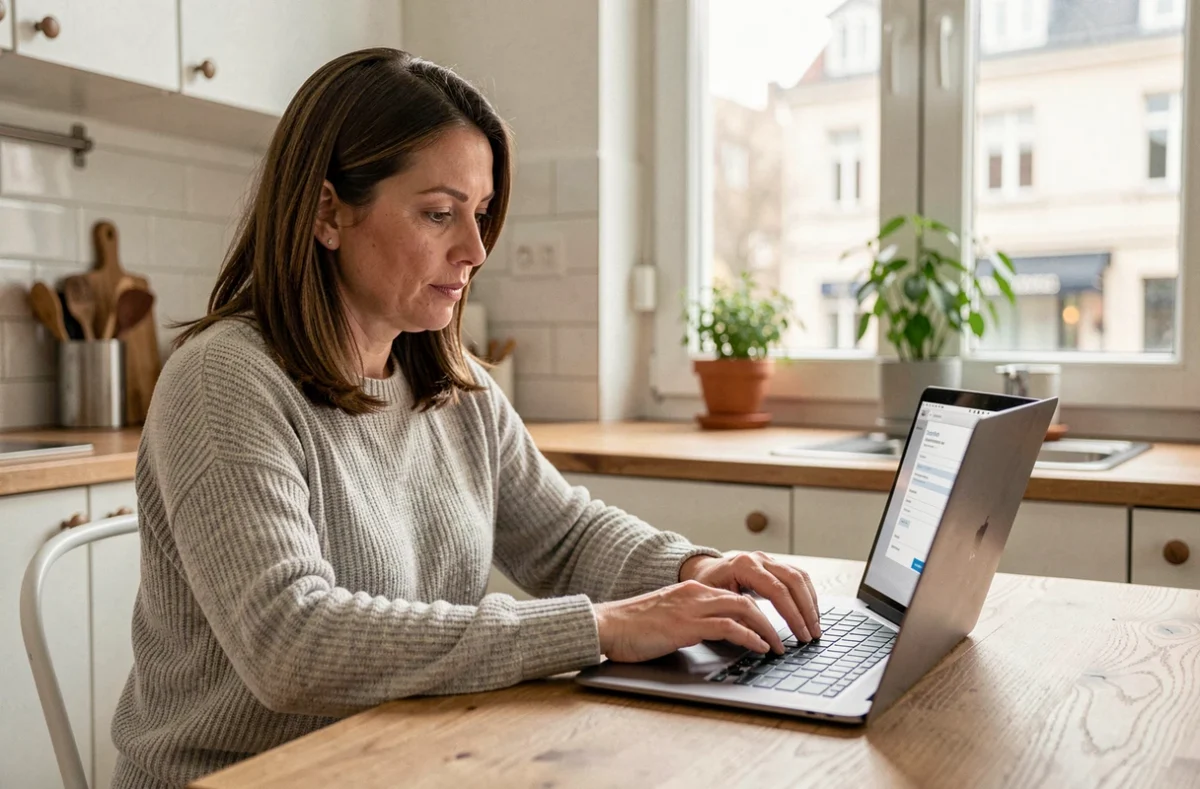 Femme remplissant une demande de devis assurance habitation en ligne sur un ordinateur portable dans une cuisine moderne