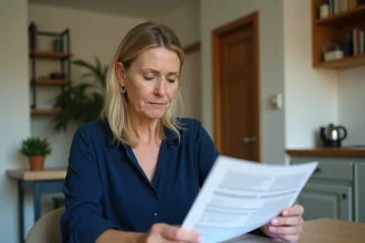 Femme consultant un dossier de demande de logement social HLM à son domicile
