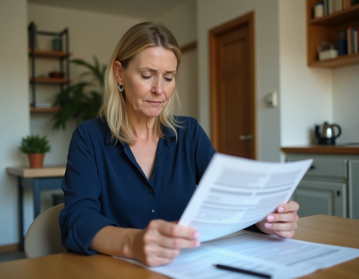 Femme consultant un dossier de demande de logement social HLM à son domicile