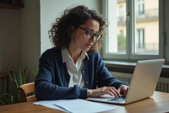 Femme consultant une plateforme de demande de logement social à Paris sur son ordinateur portable