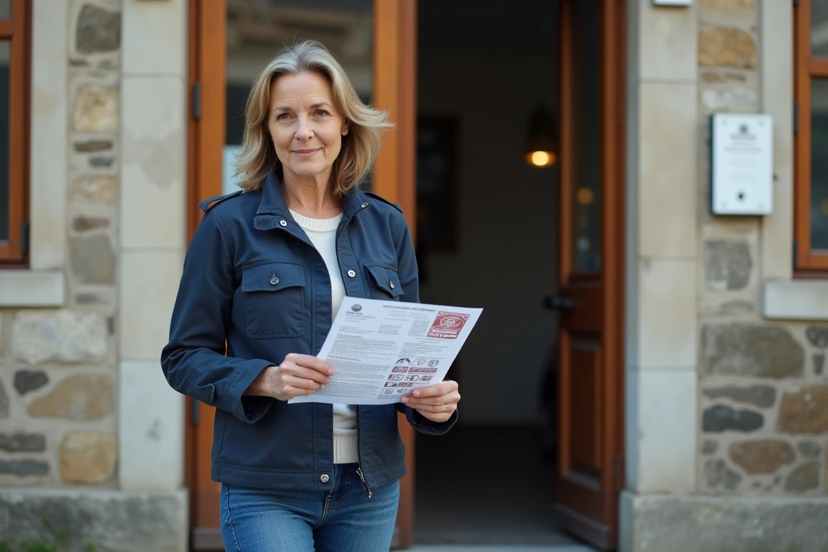 Femme tenant un document administratif devant une mairie pour une demande de permis d'installation de mobil-home