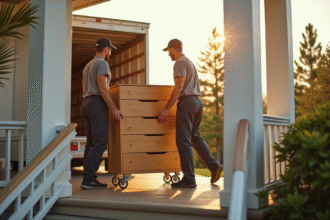 Deux déménageurs professionnels portant un grand meuble en bois dans une maison ensoleillee