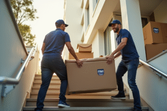 Deux déménageurs souriants portant un canapé dans un immeuble lumineux