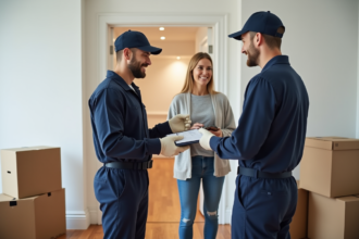 Deux hommes en uniforme remettent un devis à une femme souriante