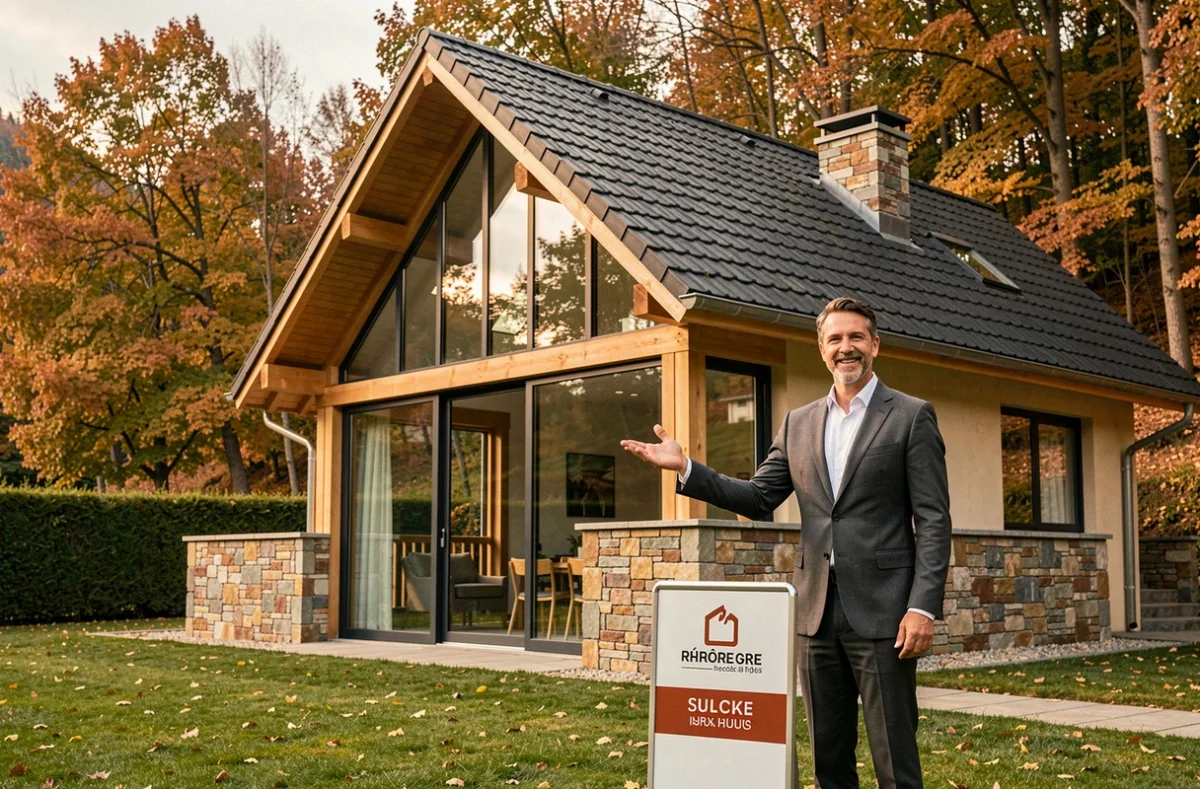 Belle maison contemporaine construite par Demeures Rhône-Alpes avec un conseiller commercial devant la façade