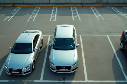 Vue aérienne d'un parking urbain avec des places aux dimensions standardisées et une voiture en train de se garer dans un espace étroit