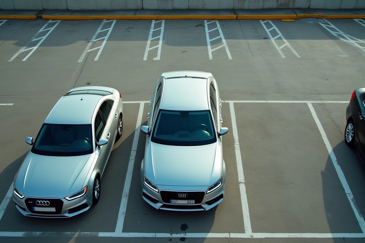 Vue aérienne d'un parking urbain avec des places aux dimensions standardisées et une voiture en train de se garer dans un espace étroit