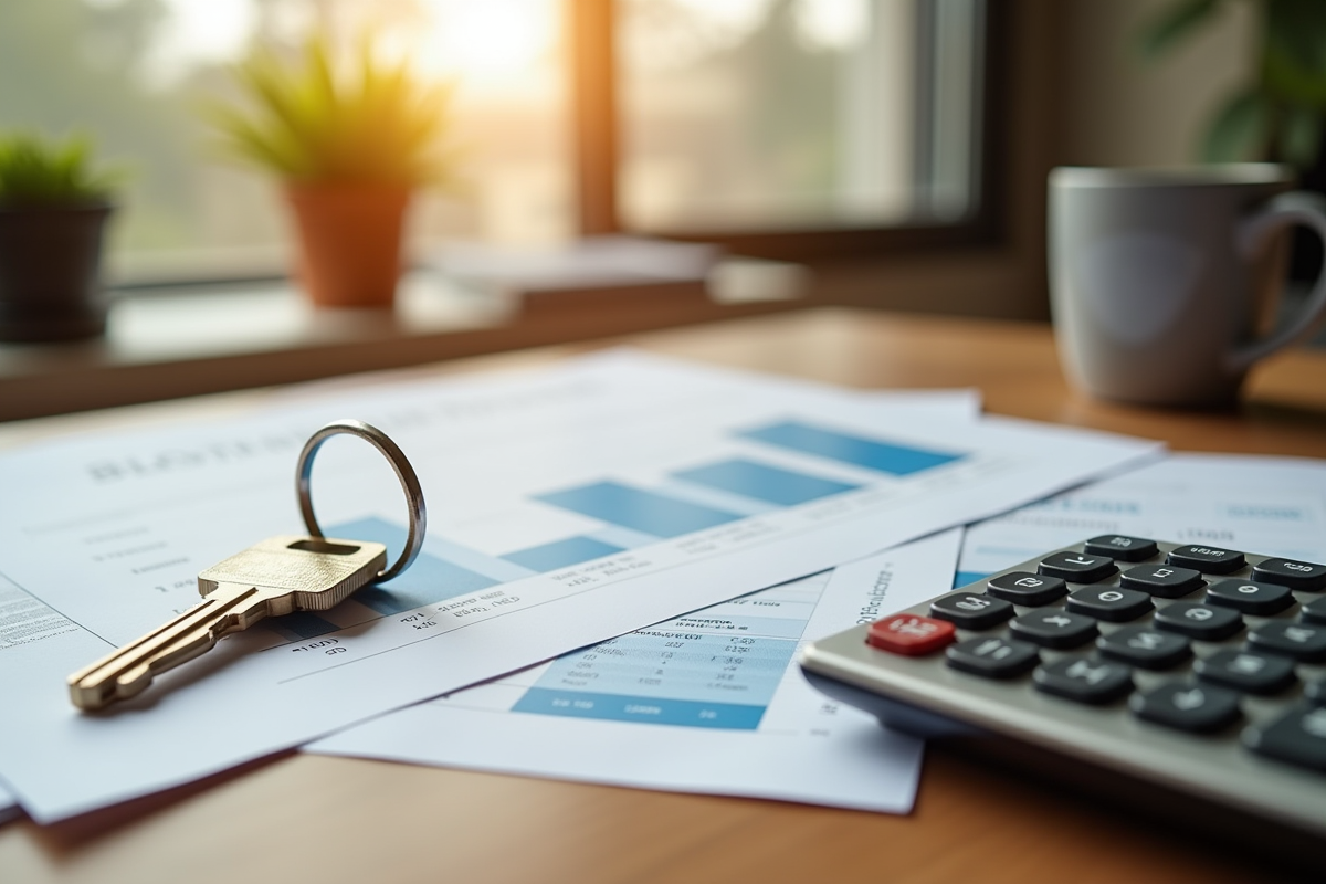 Dossier immobilier avec clés et calculatrice sur un bureau moderne