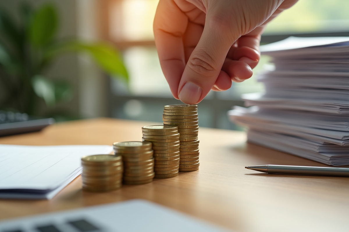 Main arrêtant des dominos en pièces d euro sur un bureau en bois