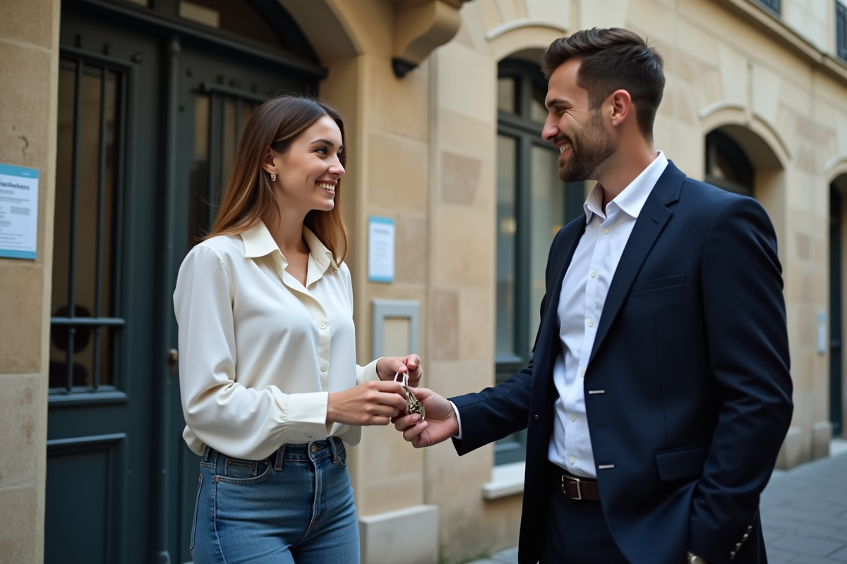 Femme remettant des clés à un agent immobilier devant un immeuble