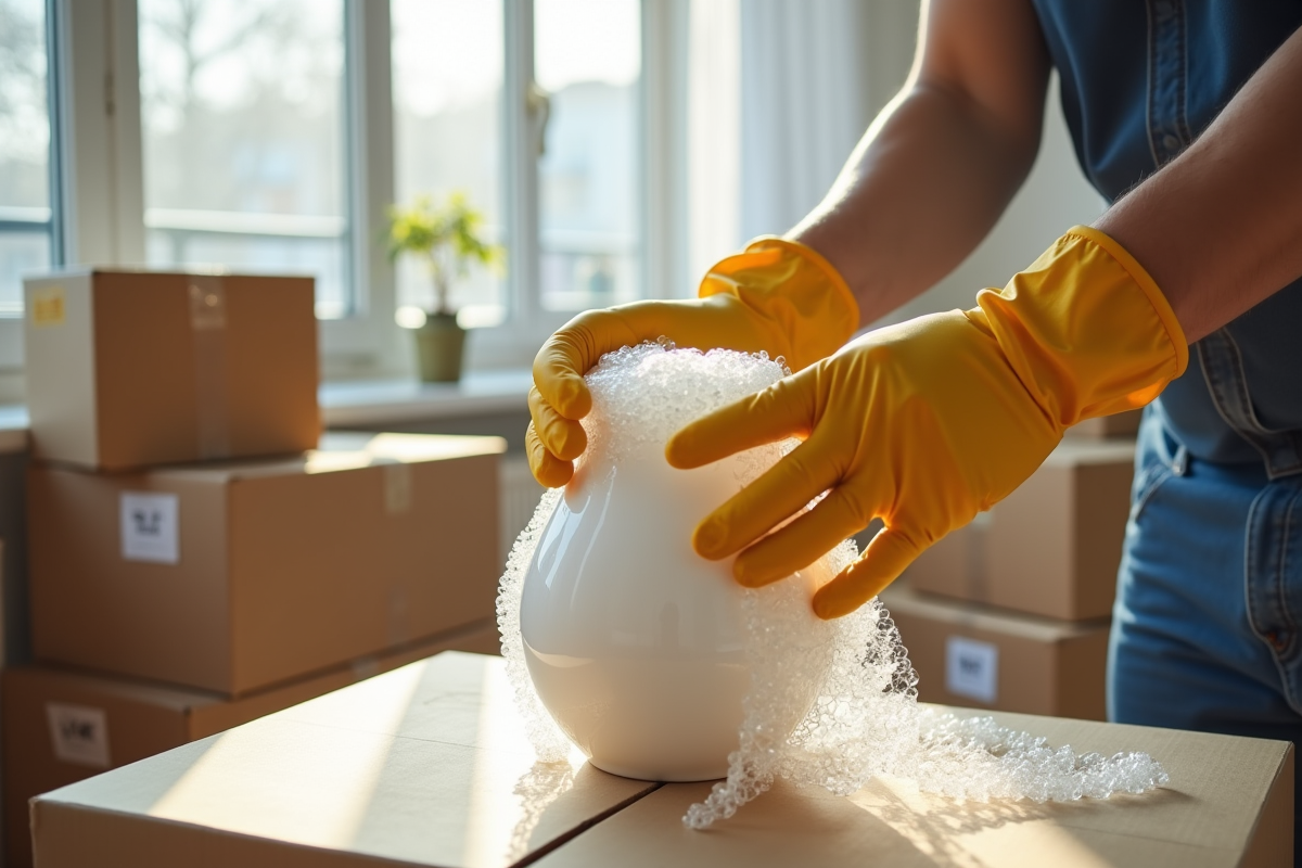 Mains gantées d’un déménageur emballant un vase fragile dans un appartement lumineux