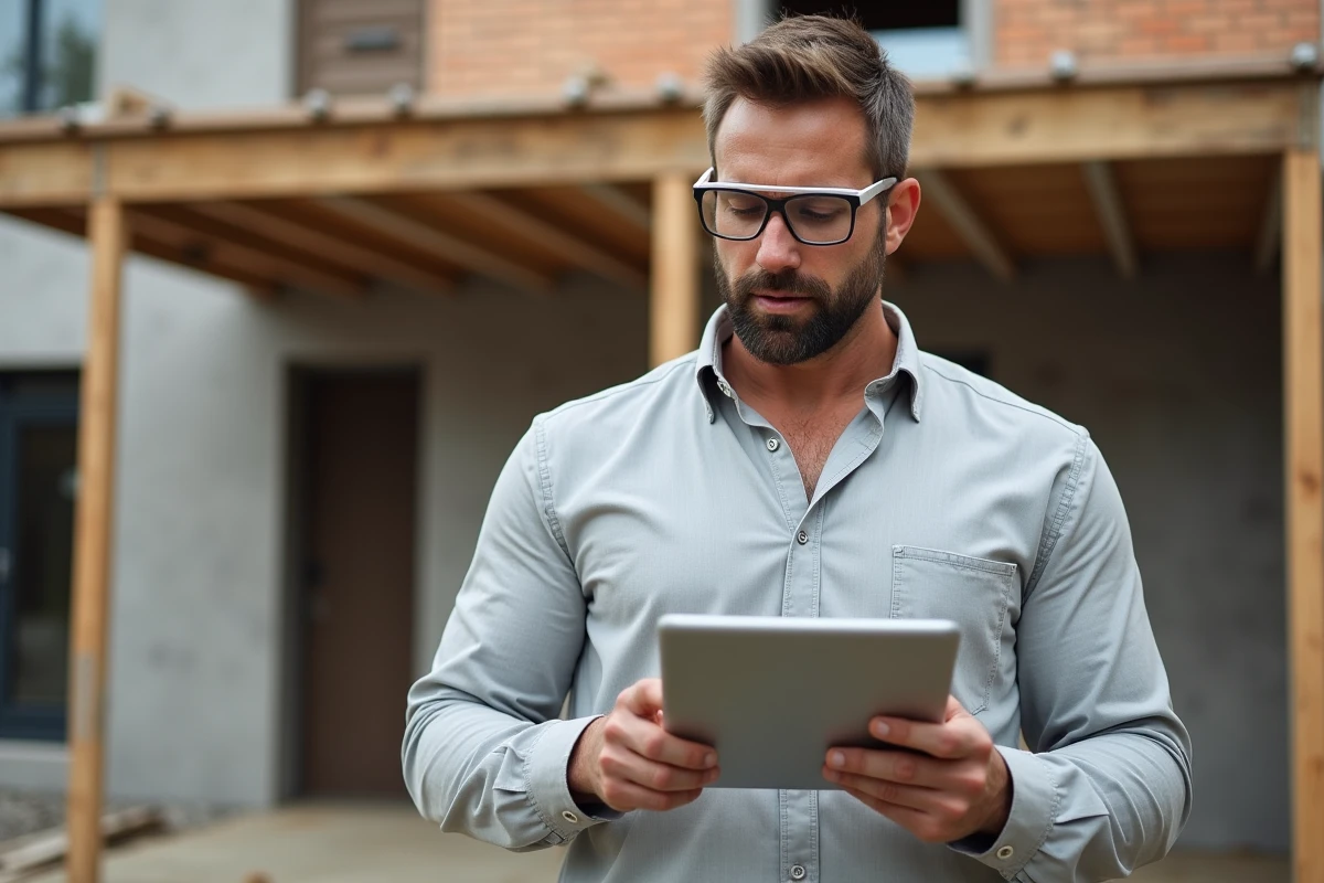 Entrepreneur en bâtiment sur un chantier d'extension de maison consultant une simulation de prêt immobilier sur tablette