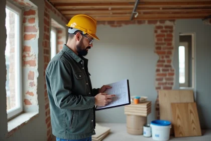 Entrepreneur en rénovation consultant des plans sur tablette dans un appartement en travaux avec murs en brique apparente