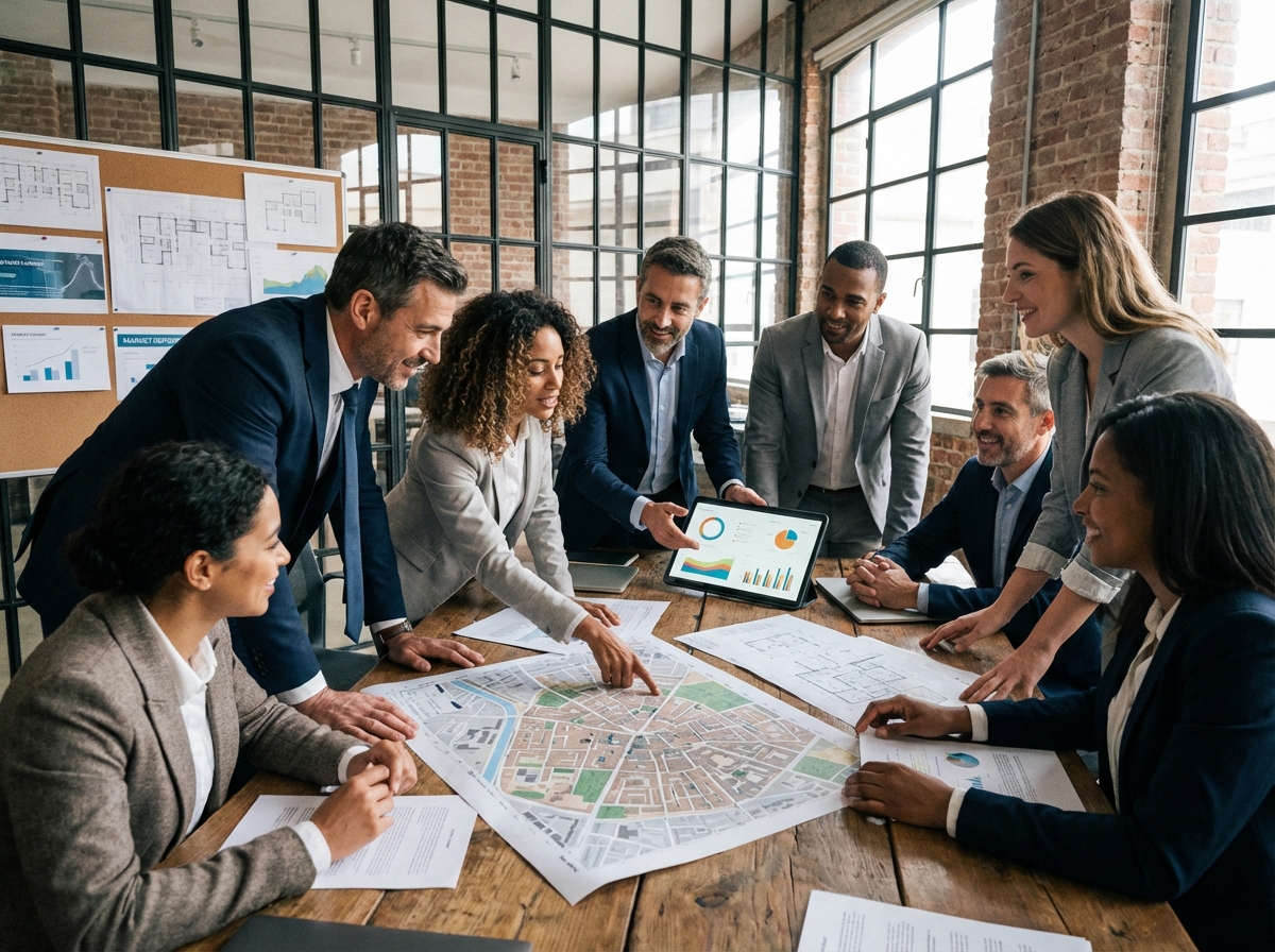 Equipe d experts immobiliers discutant autour d une carte