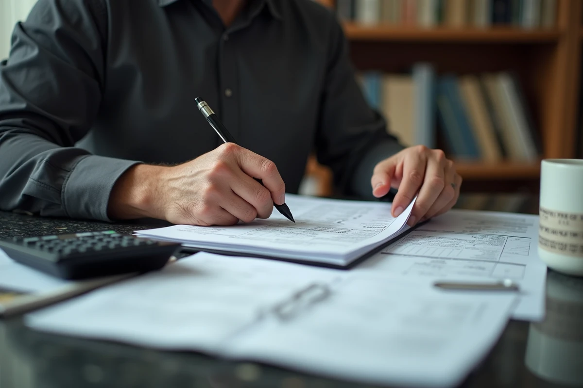 Expert-comptable annotant un formulaire fiscal de TVA sur des transactions immobilières de marchand de biens