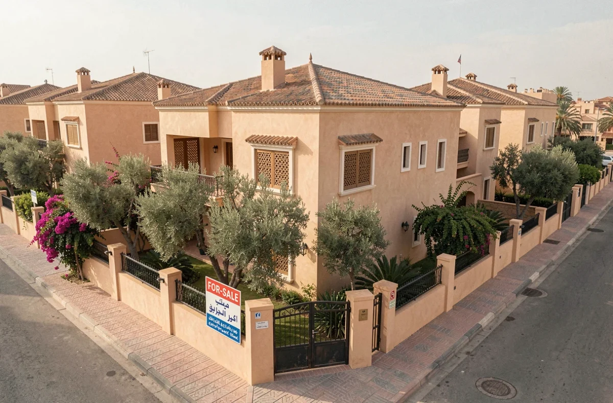 Extérieur d'une villa à vendre dans le quartier résidentiel de Targa à Marrakech avec panneau de vente