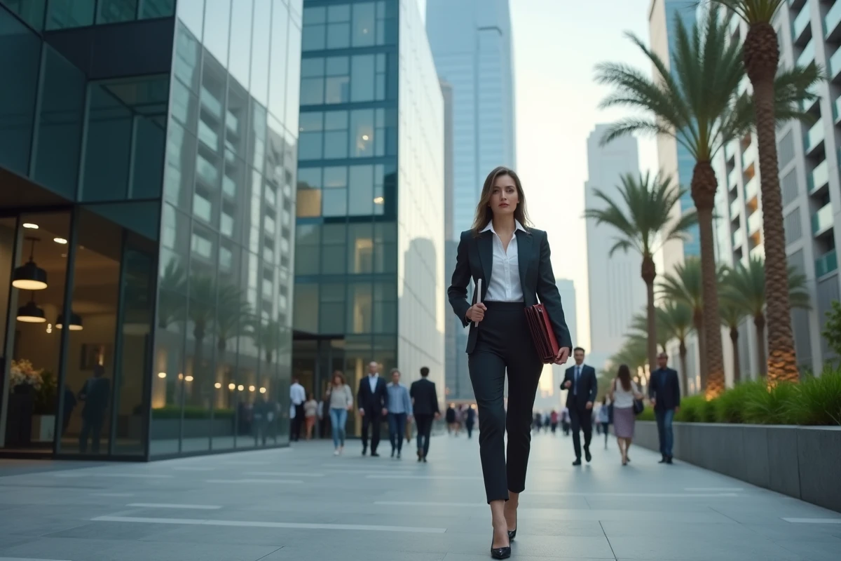 Femme d affaires marchant vers Almas Tower à Dubai