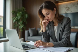 Femme d'affaires dans un appartement moderne examinant des documents