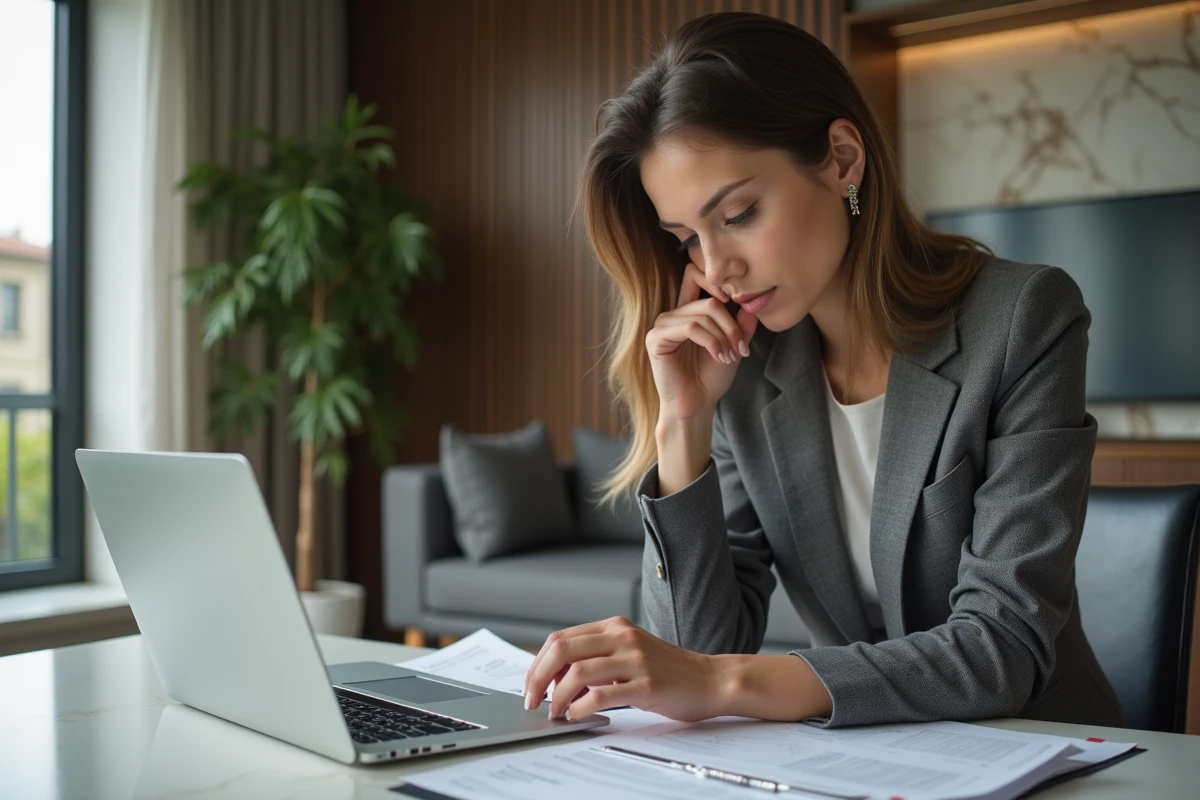 Femme d'affaires dans un appartement moderne examinant des documents