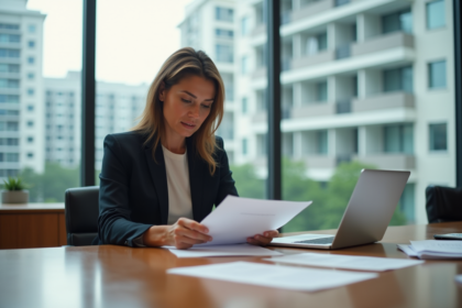 Femme d affaires en réunion examinant des documents