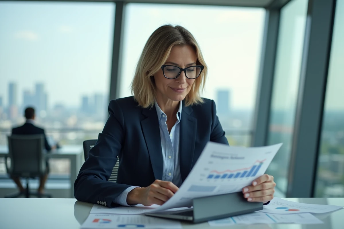 Femme d'affaires en costume regardant des rapports immobiliers