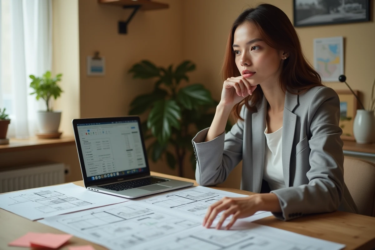 Jeune femme analysant des plans d'appartement pour choisir le bon nombre de chambres