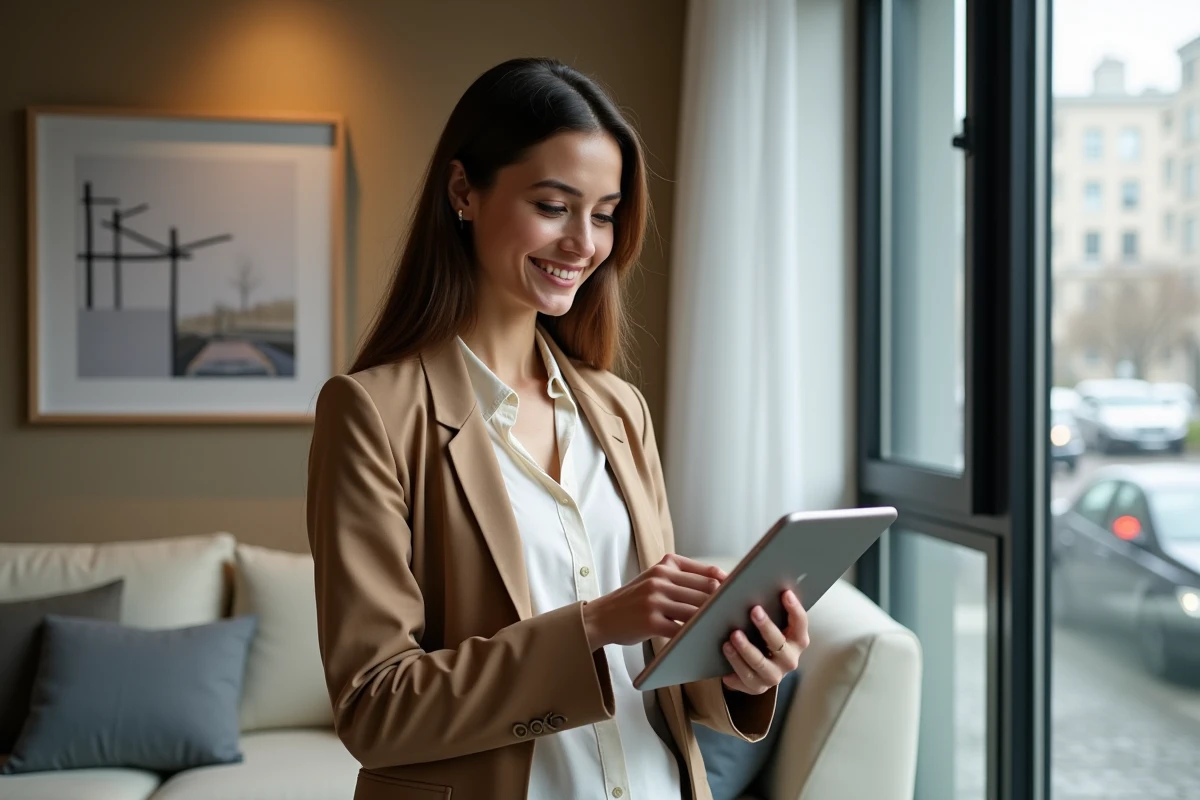 Jeune femme utilisant une tablette dans un salon urbain