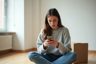 Femme assise sur le parquet d'un appartement vide consultant son téléphone pour reprendre un contrat EDF en urgence avant un emménagement