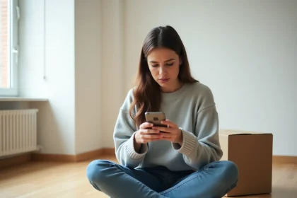 Femme assise sur le parquet d'un appartement vide consultant son téléphone pour reprendre un contrat EDF en urgence avant un emménagement