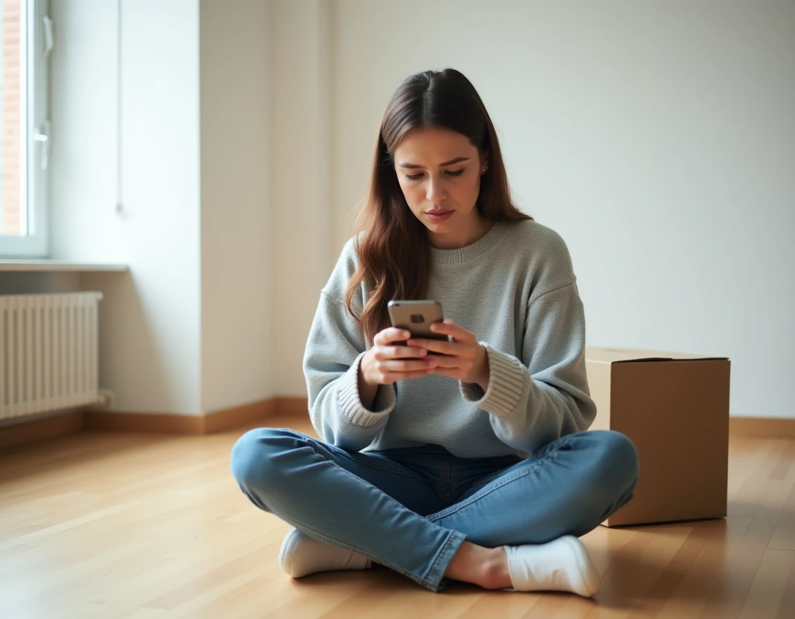 Femme assise sur le parquet d'un appartement vide consultant son téléphone pour reprendre un contrat EDF en urgence avant un emménagement
