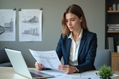 Femme professionnelle examine un devis de construction au bureau
