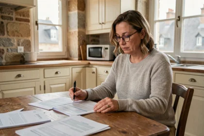 Femme consultant des documents d'assurance habitation dans un appartement de style normand à Rouen