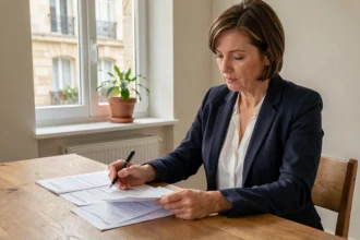 Femme consultant des documents d'assurance habitation à Caen dans un appartement moderne