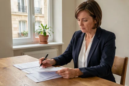 Femme consultant des documents d'assurance habitation à Caen dans un appartement moderne