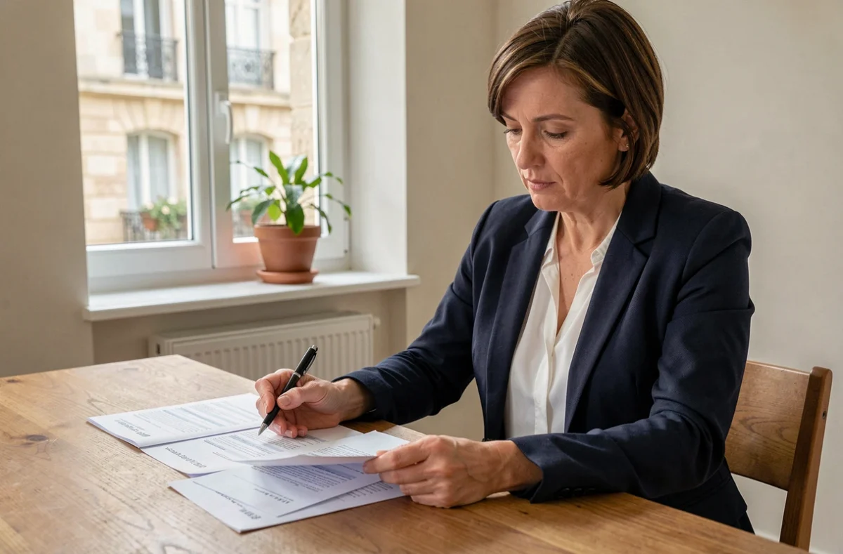 Femme consultant des documents d'assurance habitation à Caen dans un appartement moderne