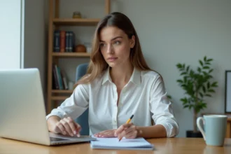 Femme concentrée recherchant des annonces immobilières