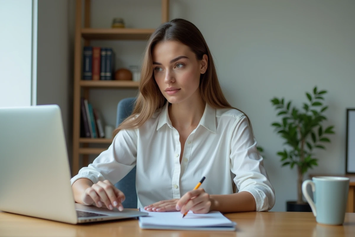 Femme concentrée recherchant des annonces immobilières