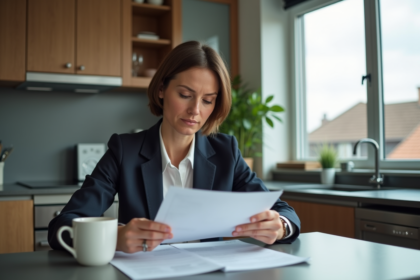 Femme d'âge moyen lisant des documents dans une cuisine moderne