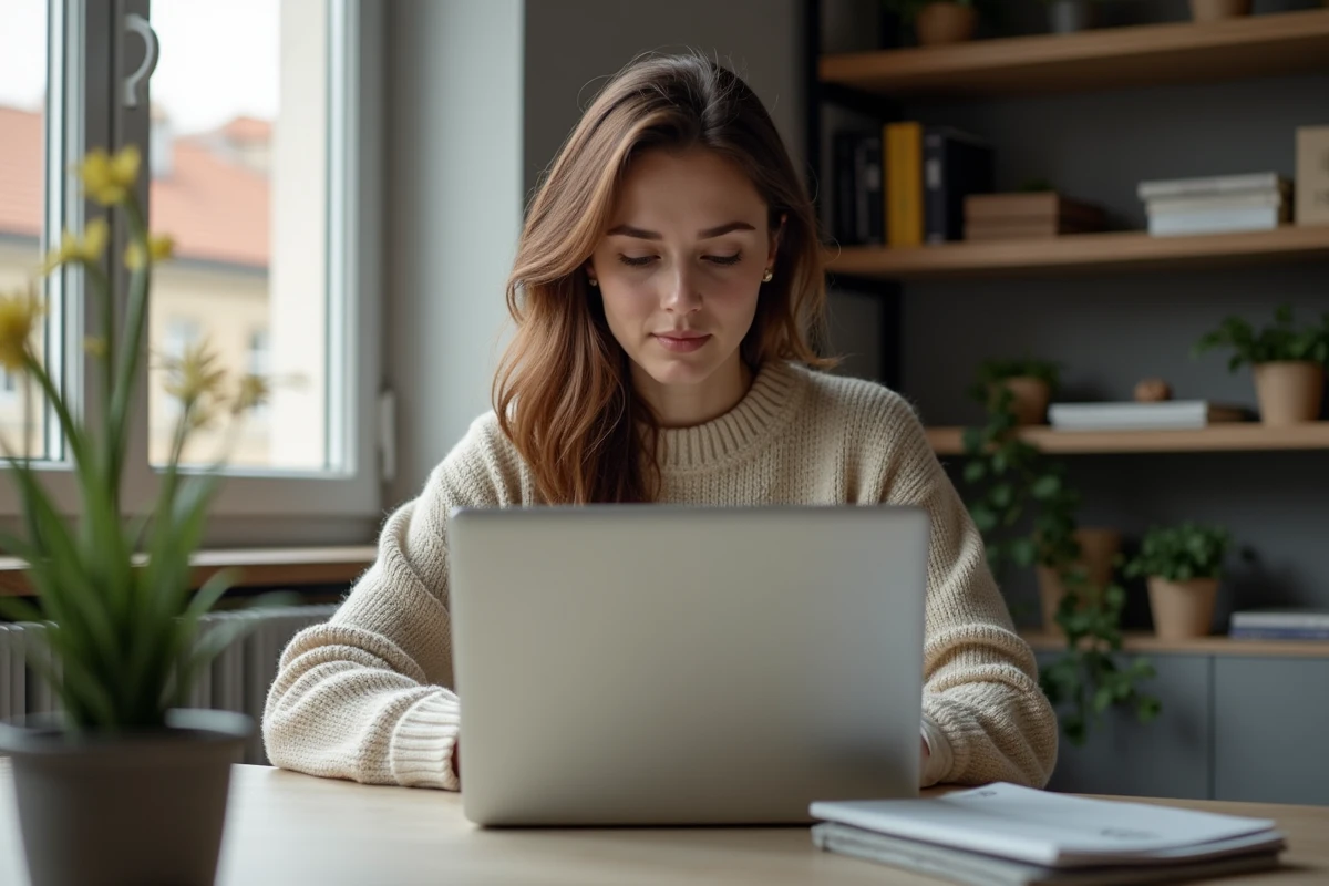 Femme concentrée sur son ordinateur dans un appartement à Perpignan