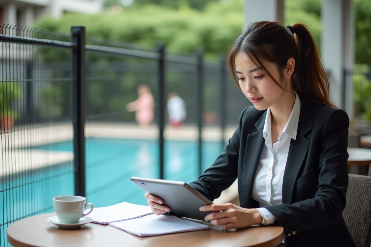 Femme en extérieur regardant documents près de la piscine