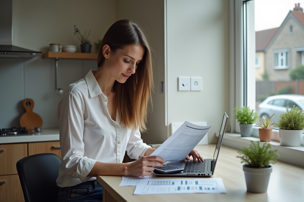 Jeune femme utilisant calculatrice et ordinateur à la maison
