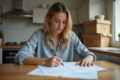 Femme remplissant formulaires de changement d'adresse à la maison