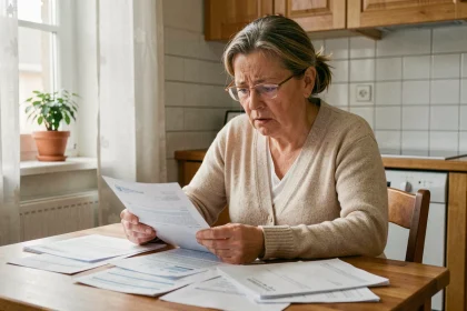 Femme de 50 ans consultant des documents HLM et simulateur de surloyer à la table de sa cuisine