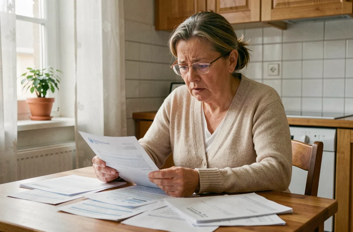 Femme de 50 ans consultant des documents HLM et simulateur de surloyer à la table de sa cuisine