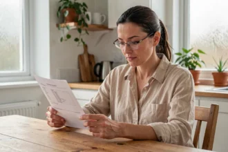 Femme consultant son contrat d'assurance habitation à la table de sa cuisine