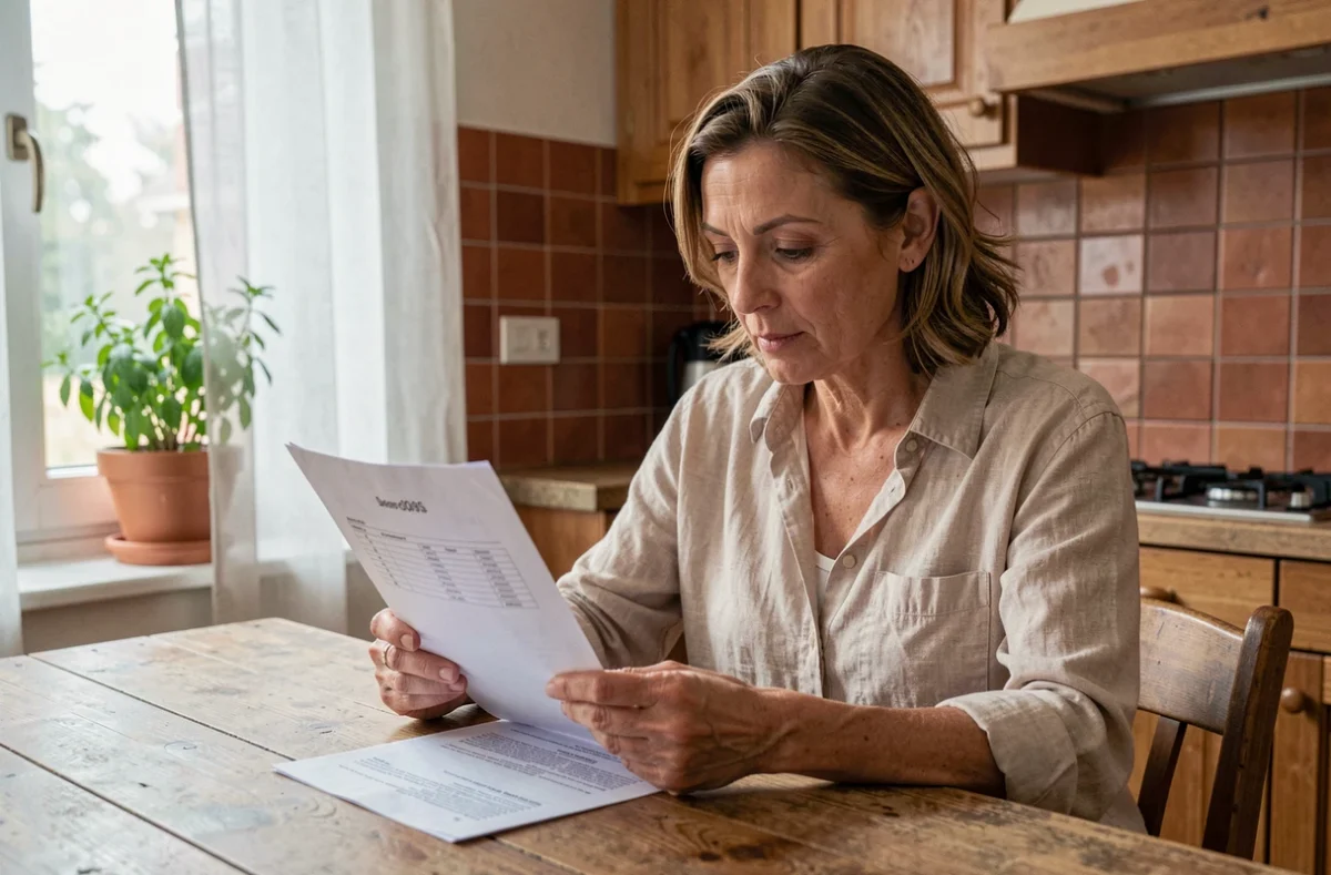Femme consultant son contrat d'assurance multirisque habitation à la table de sa cuisine