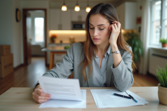 Jeune femme professionnelle examine un contrat de bail