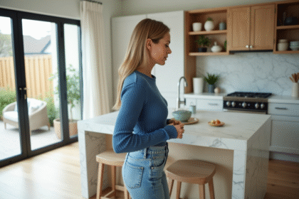 Femme regardant une cuisine moderne renovée et lumineuse